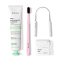 Starter Kit with nano-hydroxyapatite toothpaste, pink toothbrush, tongue cleaner & dental floss.