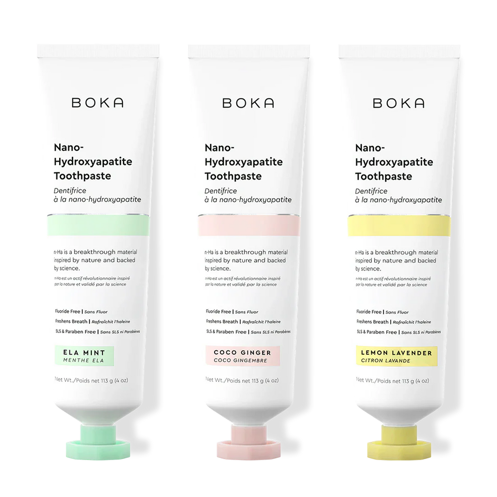 Three tubes of Boka Nano-Hydroxyapatite Toothpaste on a white background