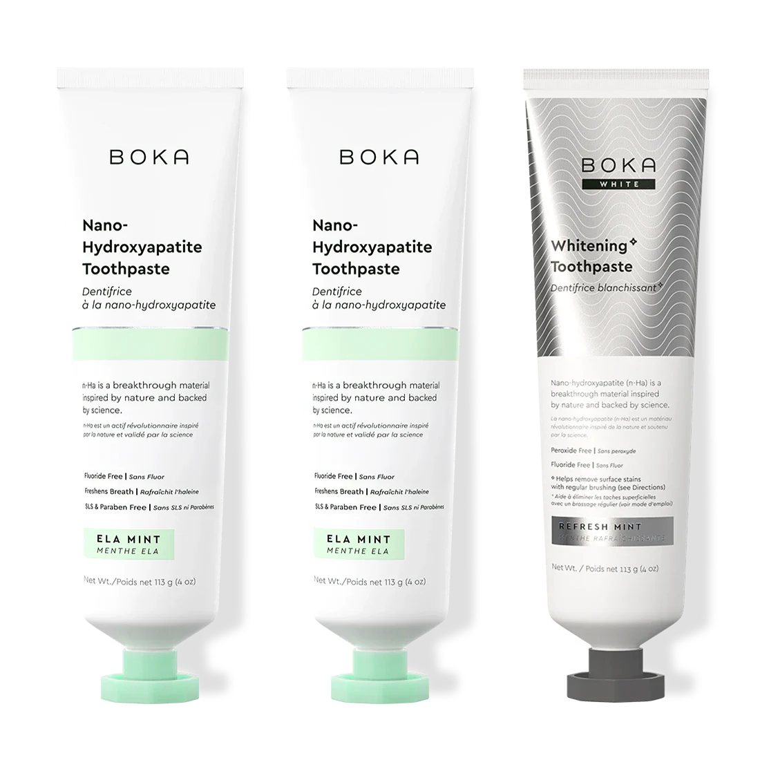 Three bottles of Boka Nano-Hydroxyapatite Toothpaste on a white background