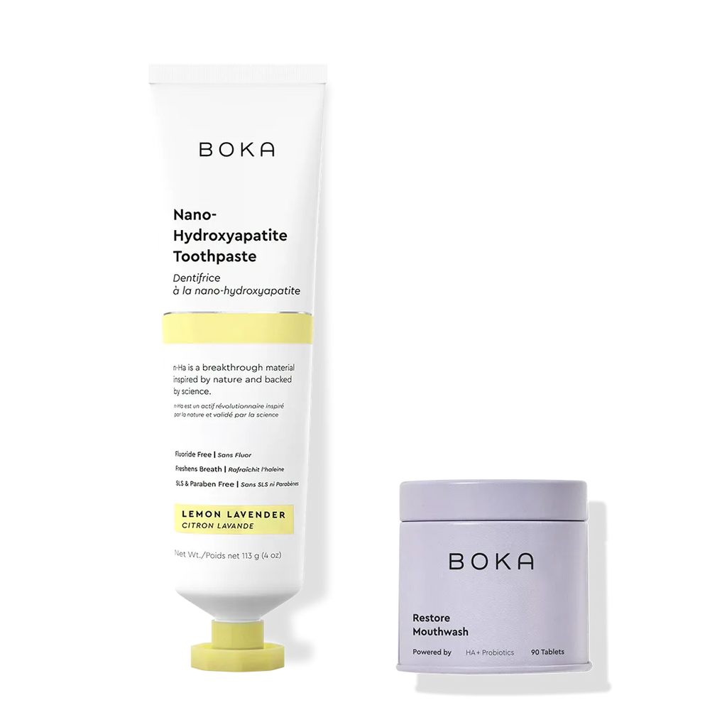 Boka Nano-Hydroxyapatite Toothpaste and Restore Mouthwash on a white background