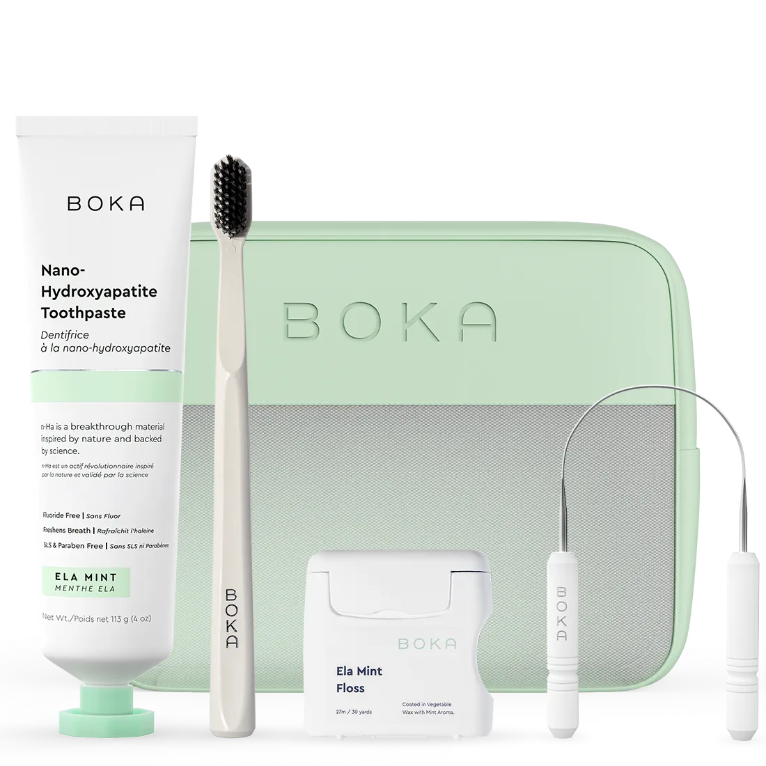 Boka dental care product set including toothpaste, toothbrush, floss, and case on a white background