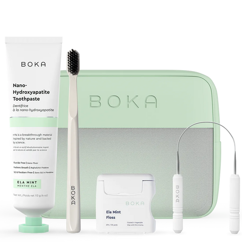 Boka dental care product set including toothpaste, toothbrush, floss, and case on a white background