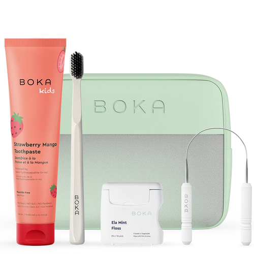 Boka dental care products including toothpaste, toothbrush, floss, and case on a white background