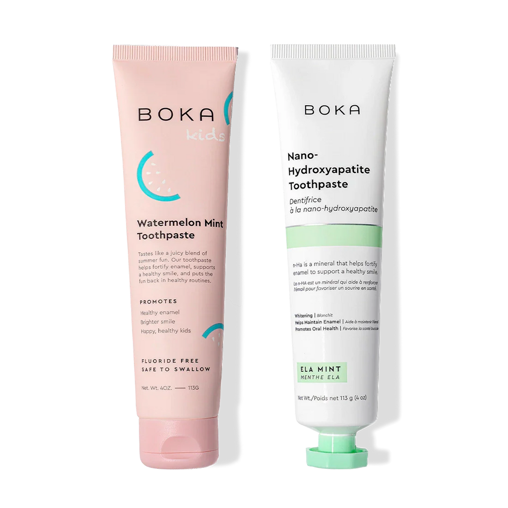 N-Ha Toothpaste 2-Pack: kids watermelon mint & ela mint with nano-hydroxyapatite for enamel care.
